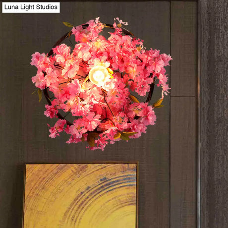 Vintage Wagon Wheel Wall Light: 1 Bulb Led Metal Sconce With Flower/Plant Decor In Pink/Green