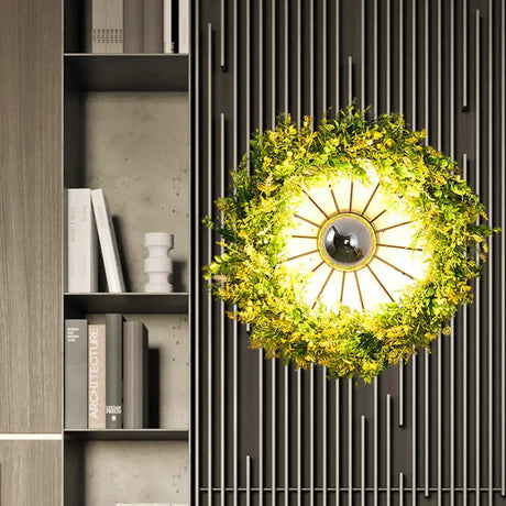 Vintage Wagon Wheel Wall Light: 1 Bulb Led Metal Sconce With Flower/Plant Decor In Pink/Green Green