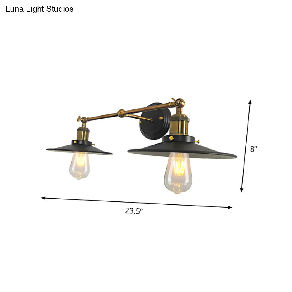 Vintage Wall Mounted Sconce With Flare Metal Shade In Black And Brass - 2 Bulb Light For Restaurants