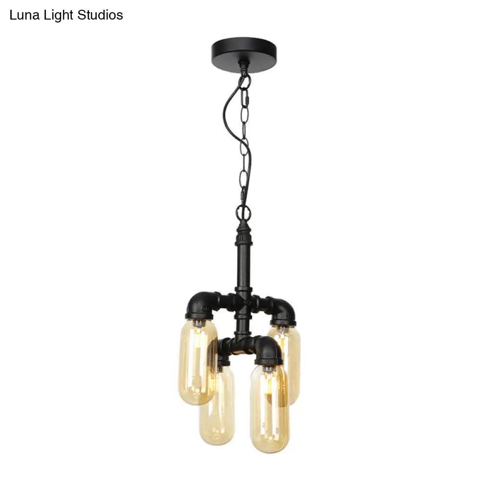 Vintage Water Pipe Chandelier Pendant With 4 Bulbs Amber/Clear Glass Led Hanging Lamp Kit Amber / A