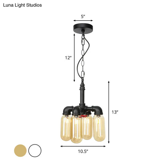 Vintage Water Pipe Chandelier Pendant With 4 Bulbs Amber/Clear Glass Led Hanging Lamp Kit