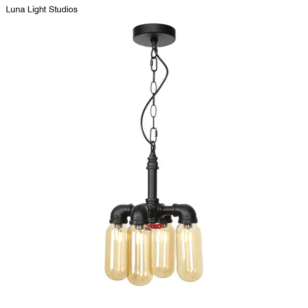 Vintage Water Pipe Chandelier Pendant With 4 Bulbs Amber/Clear Glass Led Hanging Lamp Kit Amber / B