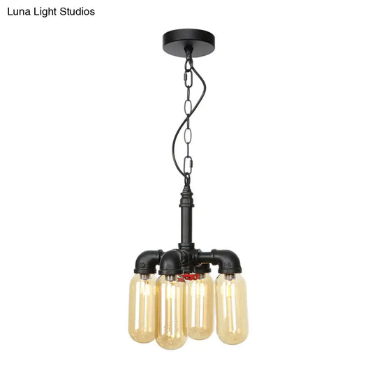 Vintage Water Pipe Chandelier Pendant With 4 Bulbs Amber/Clear Glass Led Hanging Lamp Kit Amber / B