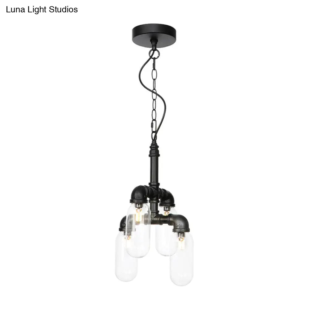 Vintage Water Pipe Chandelier Pendant With 4 Bulbs Amber/Clear Glass Led Hanging Lamp Kit Clear / A