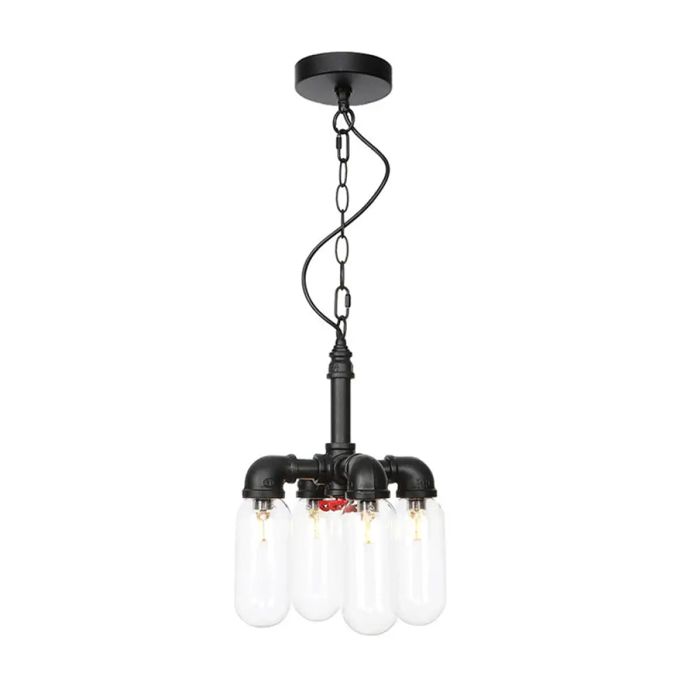 Vintage Water Pipe Chandelier Pendant Lighting - Led Hanging Lamp Kit With 4 Amber/Clear Glass