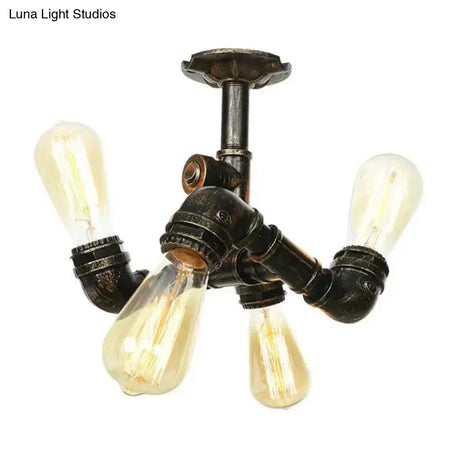Vintage Water Pipe Metal Semi Flush Mount Ceiling Light Fixture - Antique Brass/Silver/Bronze 3/4