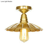 Vintage Waveforms/Scalloped Shade Semi Flush Ceiling Light - Brass Finish 8’/9.5’ W Metal Fixture