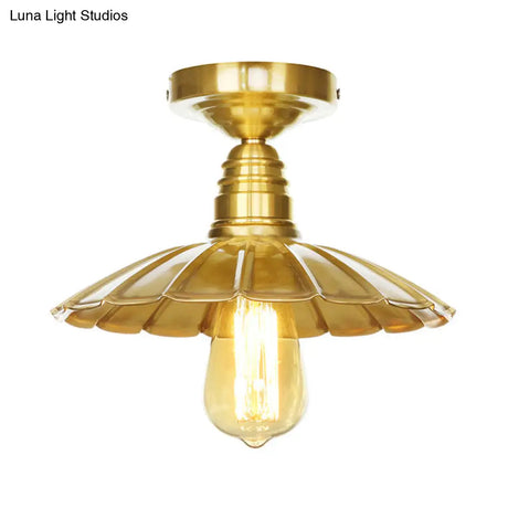 Vintage Waveforms/Scalloped Shade Semi Flush Ceiling Light - Brass Finish 8’/9.5’ W Metal Fixture