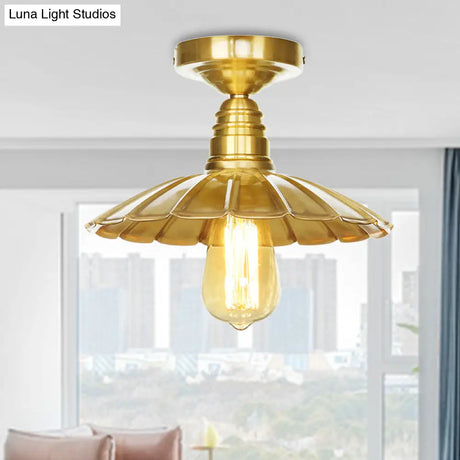 Vintage Waveforms/Scalloped Shade Semi Flush Ceiling Light - Brass Finish 8’/9.5’ W Metal Fixture