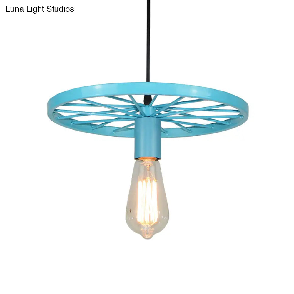 Vintage Wheel Decorated Bare Bulb Ceiling Light In Blue/Yellow: Wrought Iron Pendant Lamp