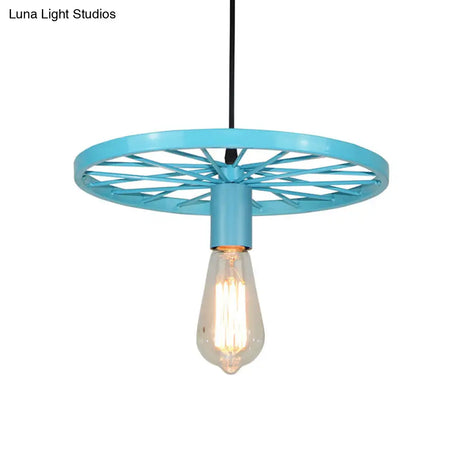Vintage Wheel Decorated Bare Bulb Ceiling Light In Blue/Yellow: Wrought Iron Pendant Lamp