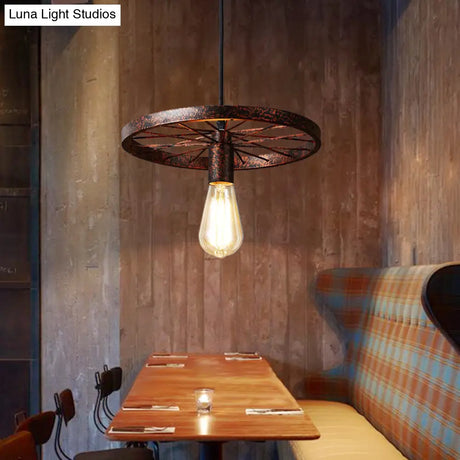 Vintage Wheel Decorated Bare Bulb Ceiling Light In Blue/Yellow: Wrought Iron Pendant Lamp