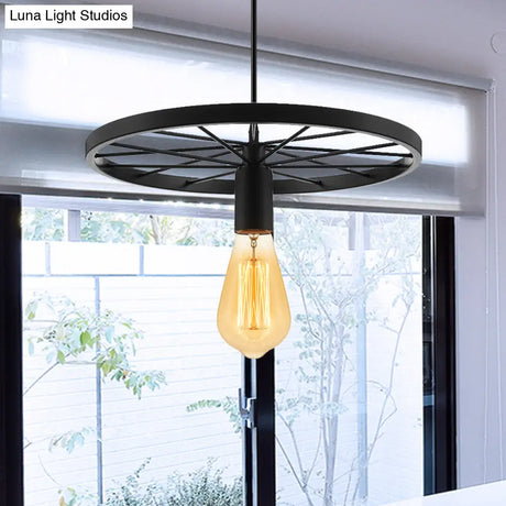 Vintage Wheel Decorated Bare Bulb Ceiling Light In Blue/Yellow: Wrought Iron Pendant Lamp