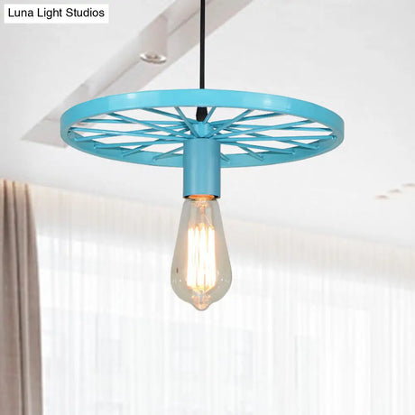 Vintage Wheel Decorated Bare Bulb Ceiling Light In Blue/Yellow: Wrought Iron Pendant Lamp