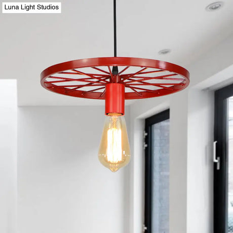 Vintage Wheel Decorated Bare Bulb Ceiling Light In Blue/Yellow: Wrought Iron Pendant Lamp