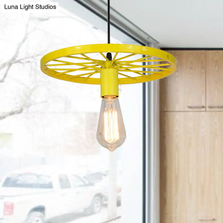 Vintage Wheel Decorated Bare Bulb Ceiling Light In Blue/Yellow: Wrought Iron Pendant Lamp