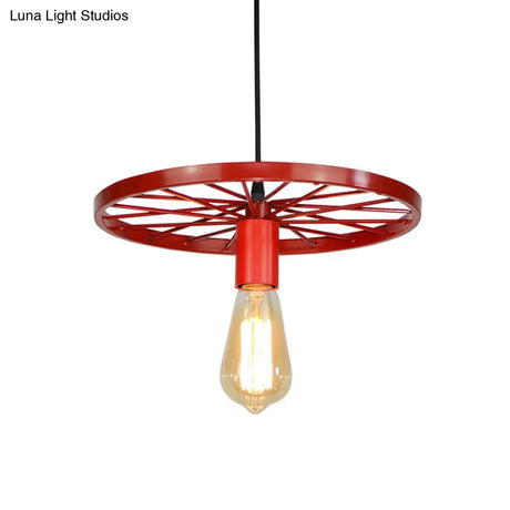Vintage Wheel Decorated Bare Bulb Ceiling Light In Blue/Yellow: Wrought Iron Pendant Lamp