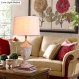 Vintage White Fabric Table Light With Distressed Wood Base Bedside Lamp