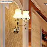 Vintage White Glass Bell Wall Lamp With Crystal Accent And Led Lighting For Living Room (1/2 Heads)
