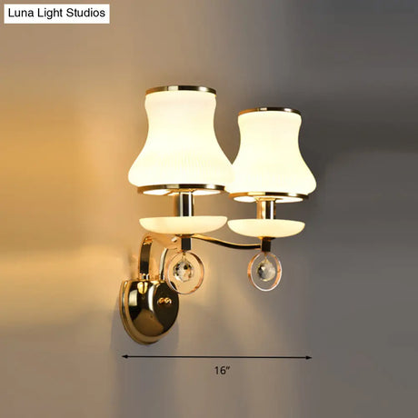 Vintage White Glass Bell Wall Lamp With Crystal Accent And Led Lighting For Living Room (1/2 Heads)