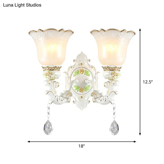 Vintage White Glass Bellflower Sconce With Crystal Drop - 1/2-Light Wall Mount Fixture