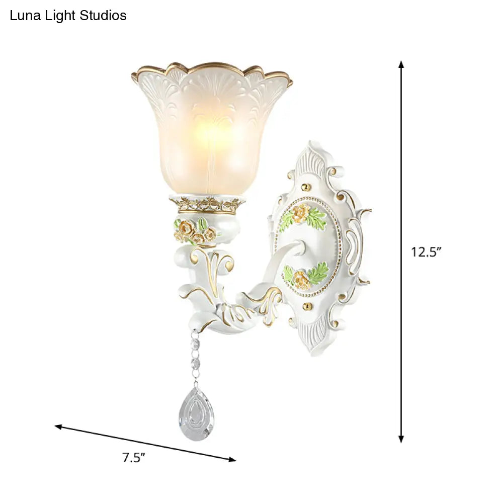 Vintage White Glass Bellflower Sconce With Crystal Drop - 1/2-Light Wall Mount Fixture