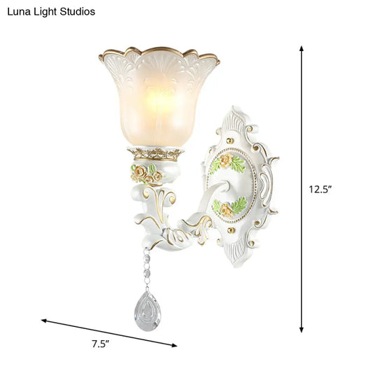 Vintage White Glass Bellflower Sconce With Crystal Drop - 1/2-Light Wall Mount Fixture