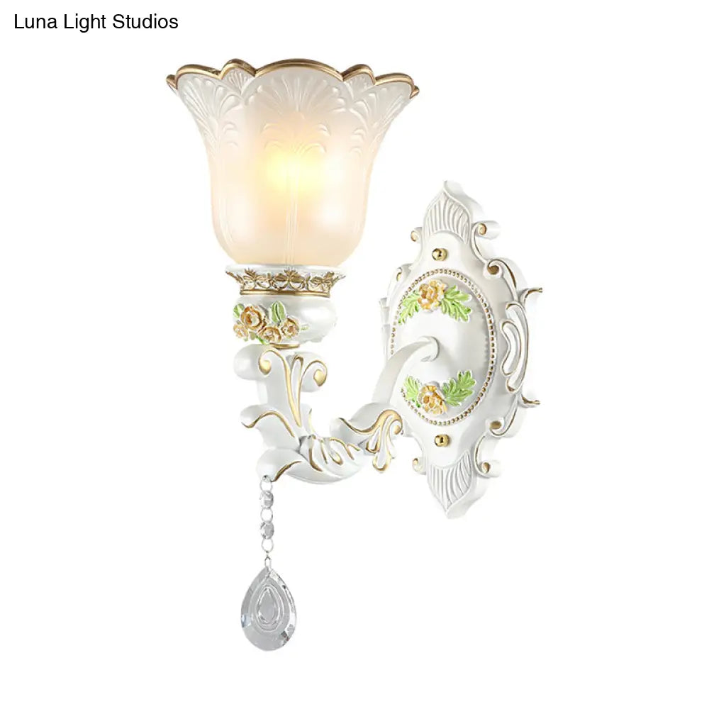 Vintage White Glass Bellflower Sconce With Crystal Drop - 1/2-Light Wall Mount Fixture