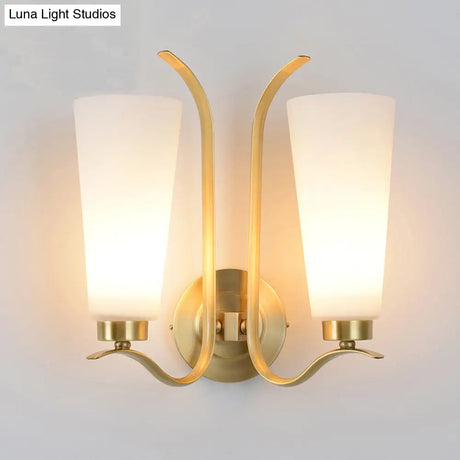 Vintage White Glass Brass Wall Lamp - 2-Light Cone Sconce For Porch With Metal Swooping Arm