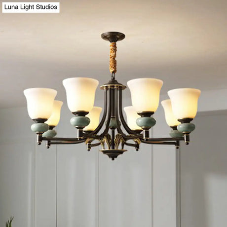 Vintage White Glass Chandelier - Elegant 6-Light Carillon Pendant Light With Ceramic Decor Ideal For