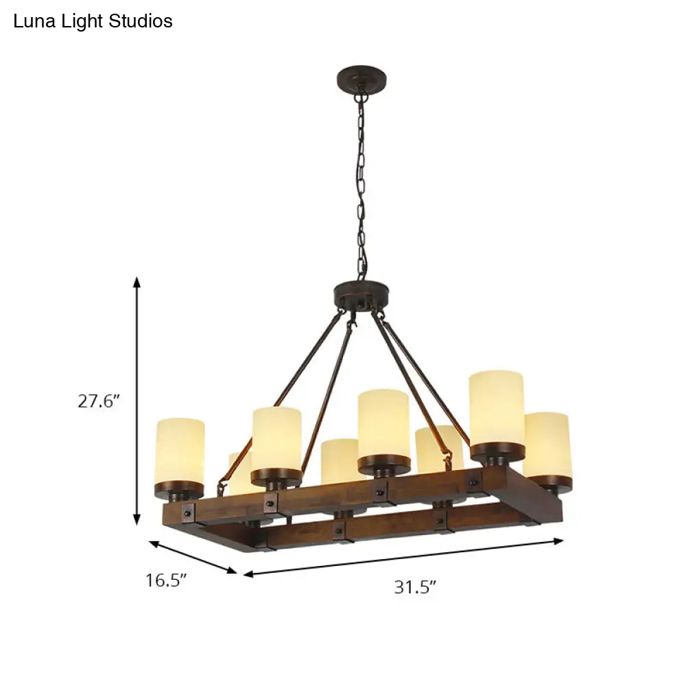 Vintage White Glass Cylinder Island Lamp With 6/8 Lights - Wooden Base Living Room Ceiling Light