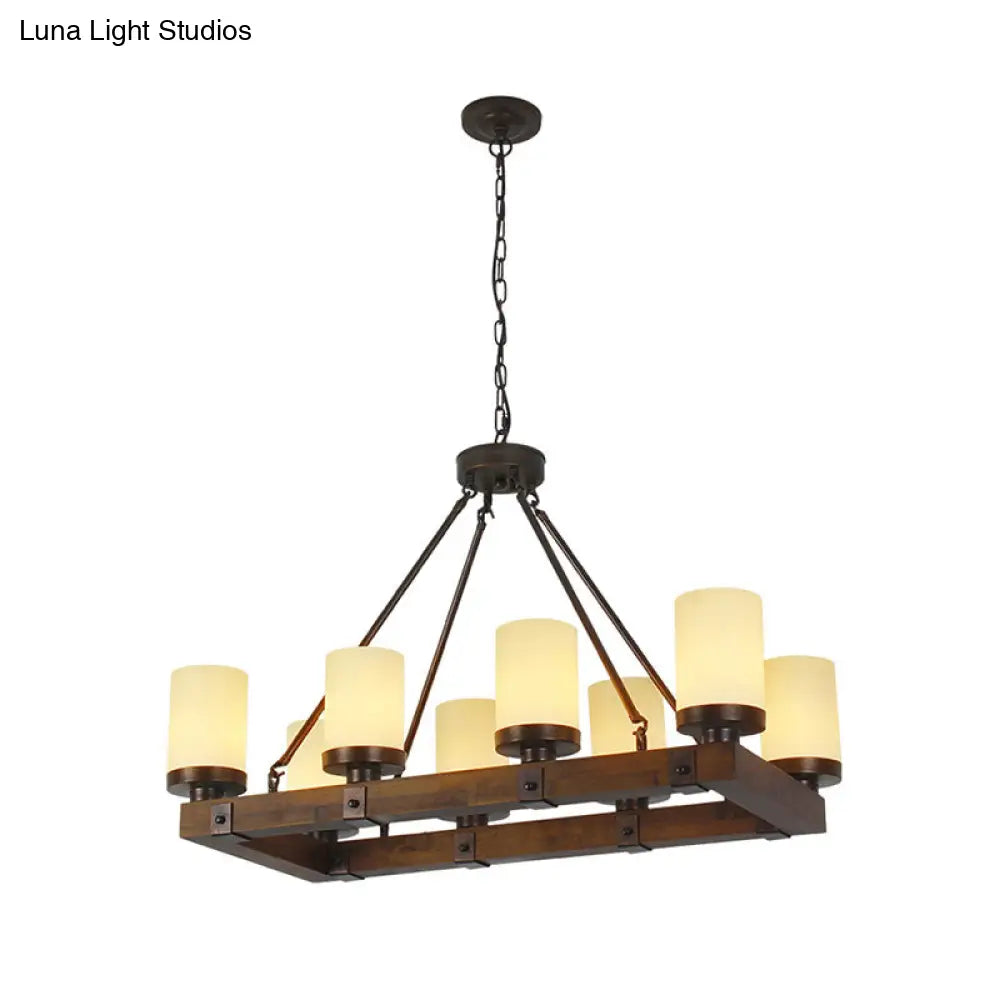 Vintage White Glass Cylinder Island Lamp With 6/8 Lights - Wooden Base Living Room Ceiling Light