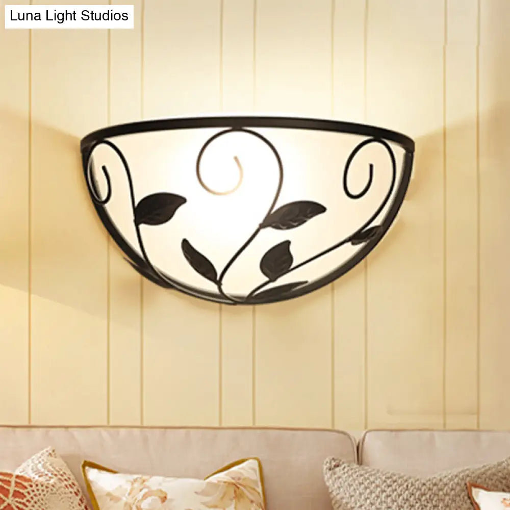 Vintage White Glass Half Moon Wall Sconce With Leaf Design For Bedroom Lighting
