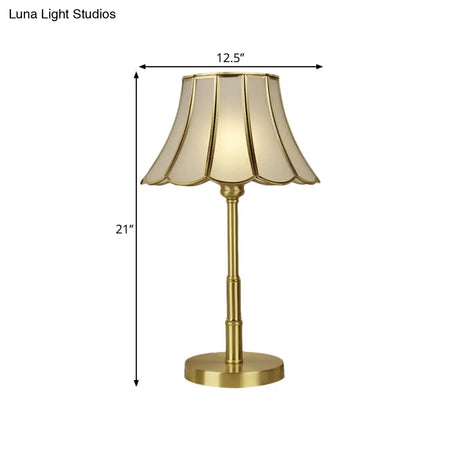 Vintage White Glass Scalloped Bedside Desk Lamp With Brass Finish - 1-Bulb Reading Book Light