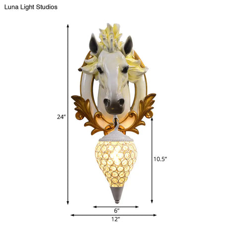 Vintage White/Red Resin Horse Wall Lamp With Crystal Droplet Shade - Indoor Sconce Light 9.5/12 W