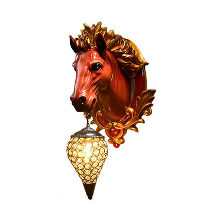 Vintage White/Red Resin Horse Wall Lamp With Crystal Droplet Shade - Indoor Sconce Light 9.5/12 W