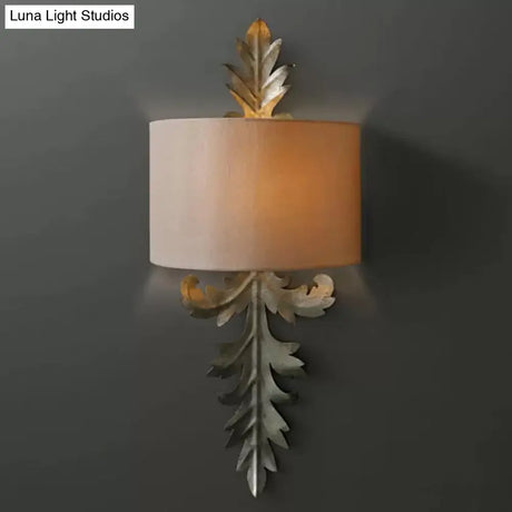 Vintage White Semi-Drum Flush Wall Sconce With Leaf Deco - 1 Light Corridor Lamp Fixture