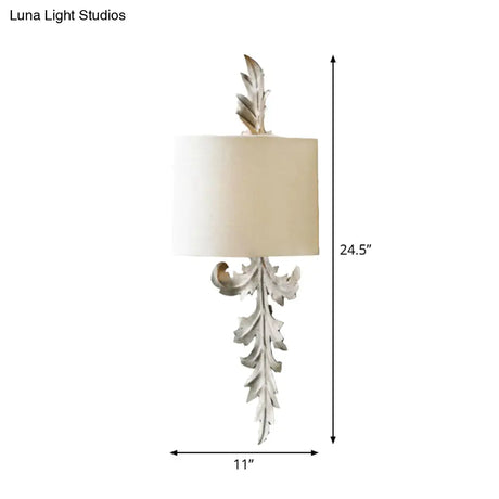 Vintage White Semi-Drum Flush Wall Sconce With Leaf Deco - 1 Light Corridor Lamp Fixture