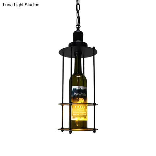 Vintage Wine Bottle Pendant Lamp - Black Glass Wire Cage 1 Bulb