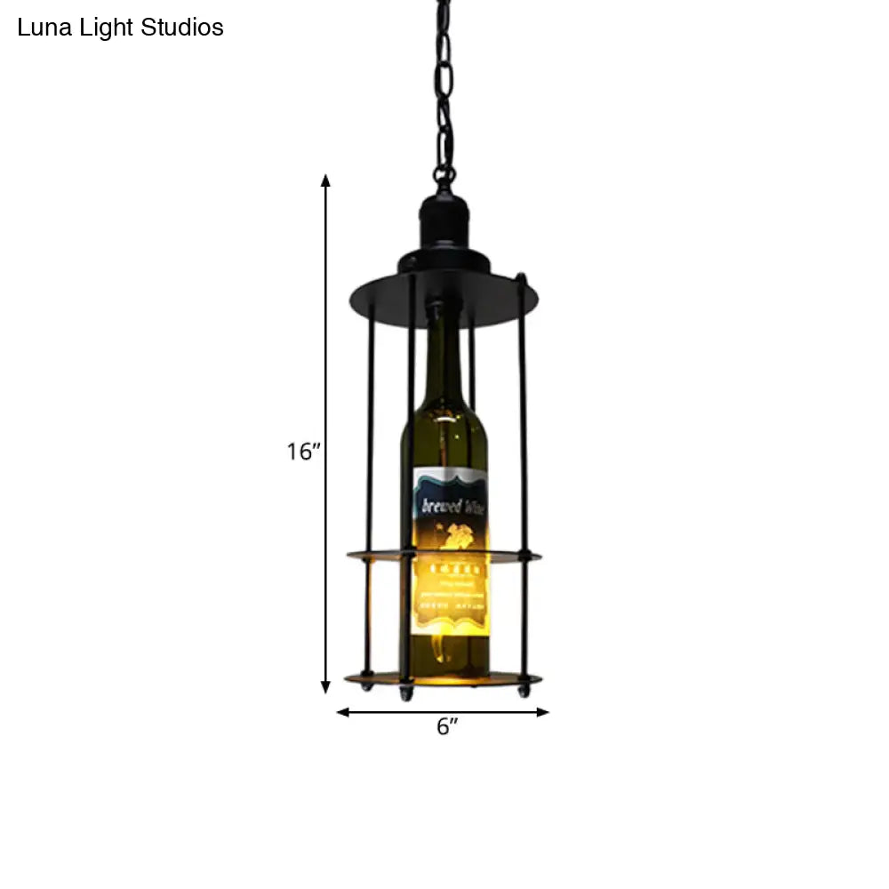Vintage Wine Bottle Pendant Lamp - Black Glass Wire Cage 1 Bulb