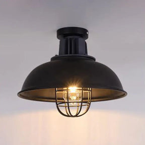 Vintage Wire Cage Ceiling Light With Semi-Flush Mount & Bowl Shade In Black