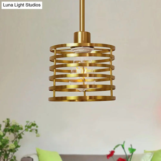 Vintage Wire Cage Pendant Light With Cylindrical Shade - Single Bulb Metallic Finish (Black/Brass)
