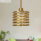 Vintage Wire Cage Hanging Lamp: Metallic Pendant Light With Cylindrical Black/Brass Shade