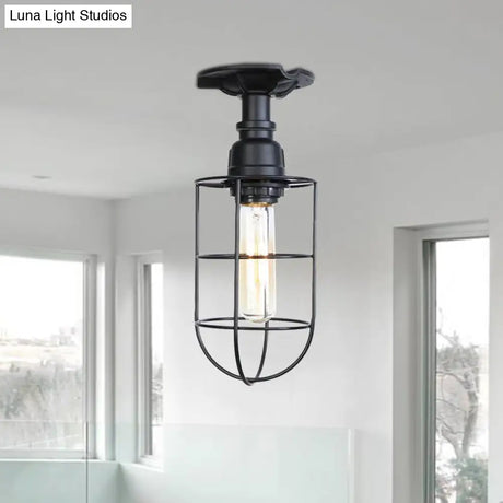 Vintage Wire Guard Ceiling Light For Corridors - Black/Bronze Semi-Flush Mount With 1 Bulb