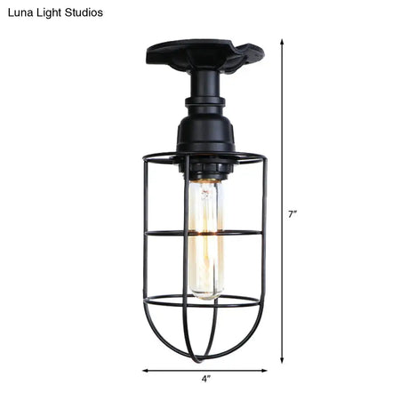 Vintage Wire Guard Ceiling Light For Corridors - Black/Bronze Semi-Flush Mount With 1 Bulb