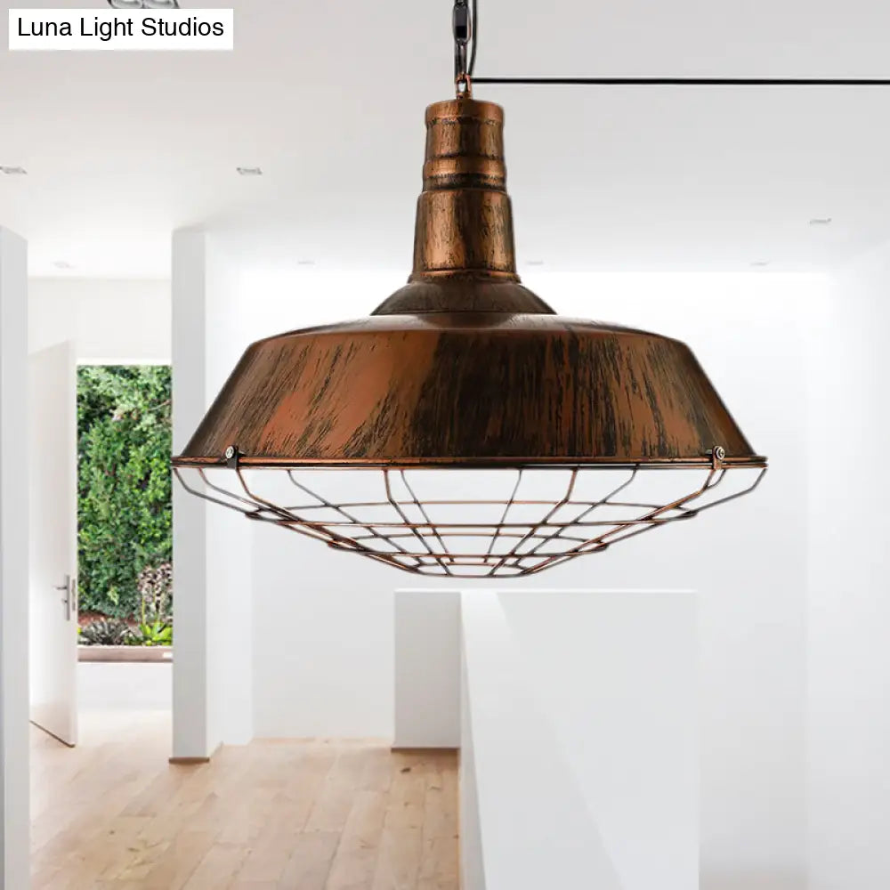 Vintage Wire Guard Pendant Light With Barn Shade - 10’/14’/18’ Wide Black/Bronze/Rust Metal