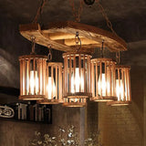 Vintage Wood & Black 6-Light Cylinder Chandelier For Dining Room Pendant Lighting
