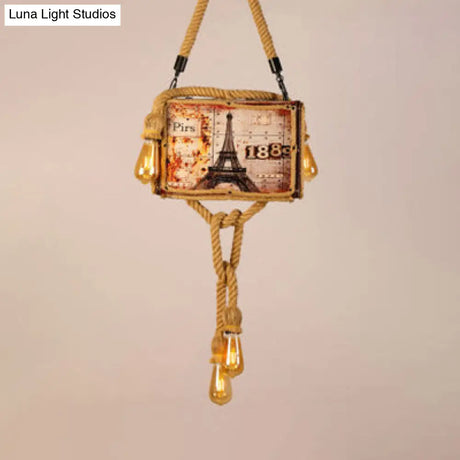 Vintage Wood Chandelier Pendant Light With Four Bulbs In Beige For Coffee Shop