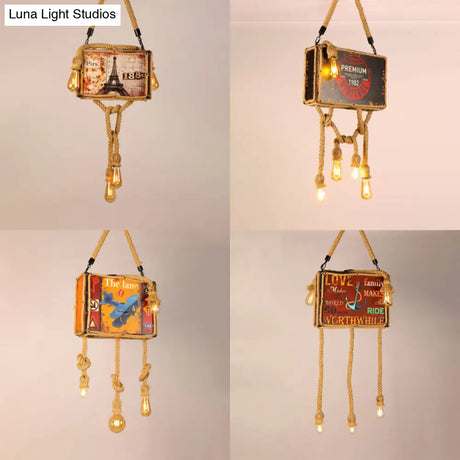 Vintage Wood Chandelier Pendant Light With Four Bulbs In Beige For Coffee Shop