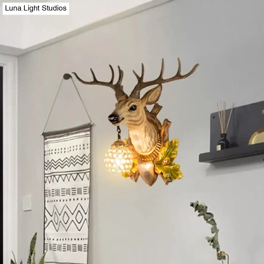 Vintage Wood Resin Wall Lamp With Teardrop Crystal Shade - 1 Light Elk Sconce For Living Room